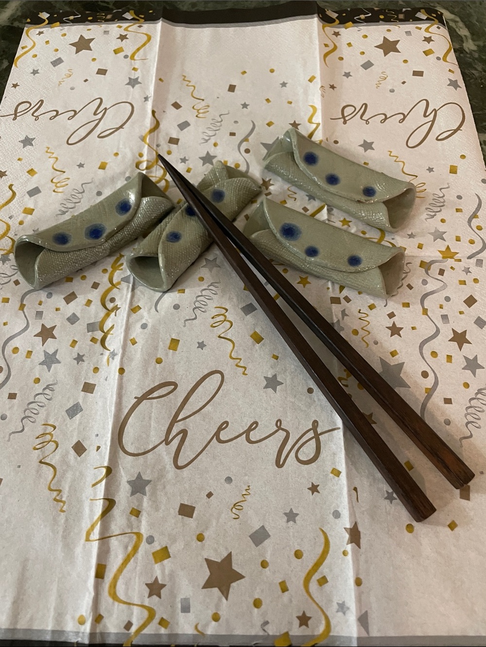 4 Ceramic Green Chopstick Rests with Blue Dot Accents - Home Party Supplies